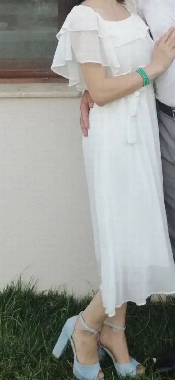 Beyaz Midi Drapeli Elbise - Görsel 3