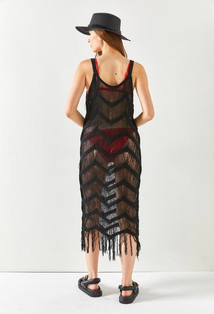 Siyah Dantelli Uzun İp Detaylı Bohem Pareo - Görsel 2