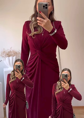 Bordo Drapeli Uzun Kollu Kadın Elbise
