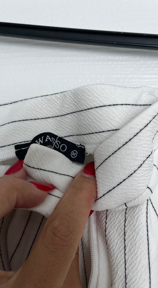 Beyaz Çizgili Pilili Kadın Kumaş Pantolon - Görsel 4