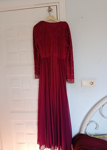 Bordo Uzun Kollu Nakışlı Kadın Elbise - Görsel 2