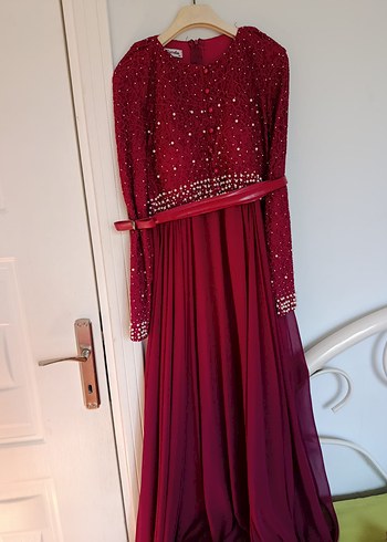 Bordo Uzun Kollu Nakışlı Kadın Elbise - Görsel 3