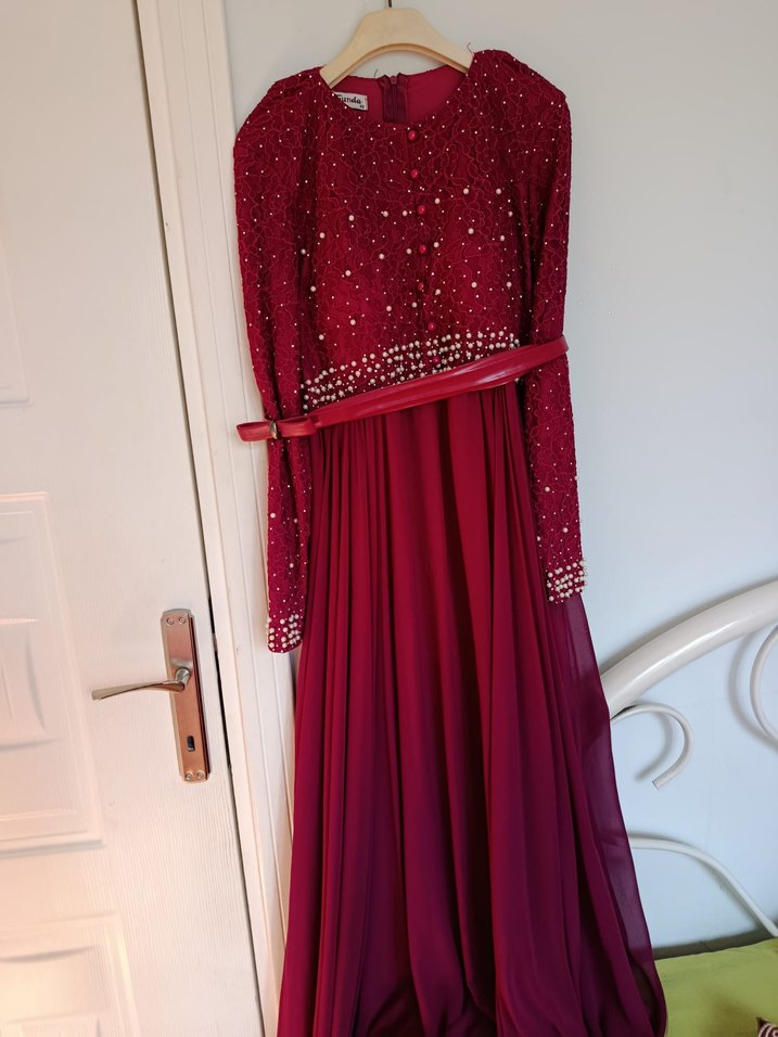 Bordo Uzun Kollu Nakışlı Kadın Elbise - Görsel 3