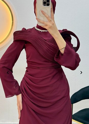 Bordo Uzun Kollu Drapeli Abiye Elbise - Görsel 2