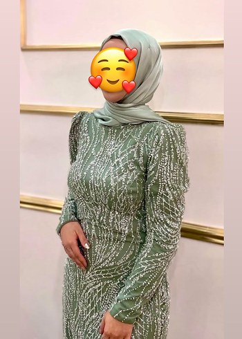 Parlak Haki Bağlama Desenli Uzun Abiye Elbise - Görsel 2