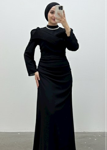 Drapeli Siyah Uzun Kollu Uzun Elbise - Görsel 2