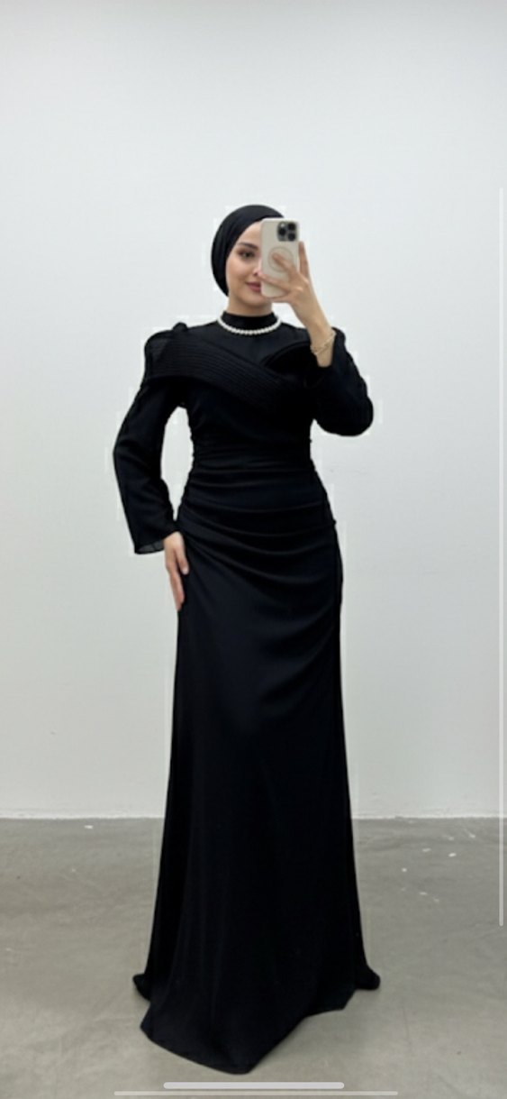 Drapeli Siyah Uzun Kollu Uzun Elbise - Görsel 2