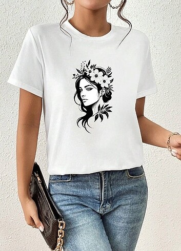 Pamuklu Beyaz Oversize Tişört Baskılı Rahat Günlük T-shirt