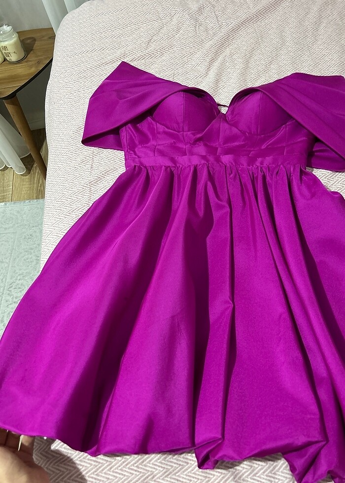 fuşya madonna yaka kısa balo/mezuniyet elbisesi - Görsel 3