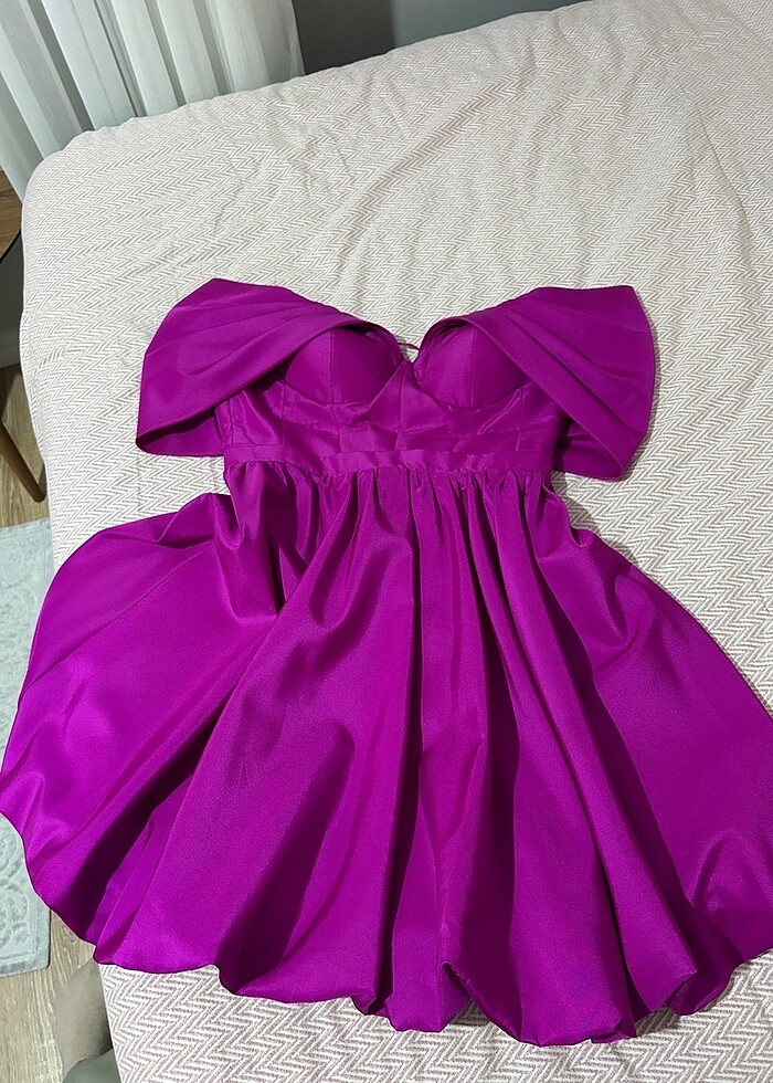 fuşya madonna yaka kısa balo/mezuniyet elbisesi - Görsel 2