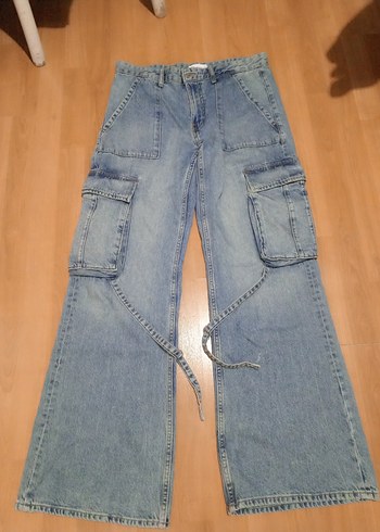 Kadın Mavi Bol Kesim Kemerli Denim Pantolon
