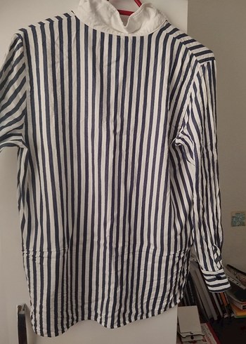 Düğmeli, Yakalı, Çizgili Kadın Gömlek - Görsel 3