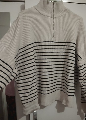 MANGO Gri Çizgili Yarım Fermuarlı Kadın Triko Kazak - Görsel 2