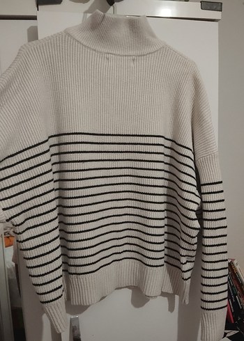 MANGO Gri Çizgili Yarım Fermuarlı Kadın Triko Kazak - Görsel 3