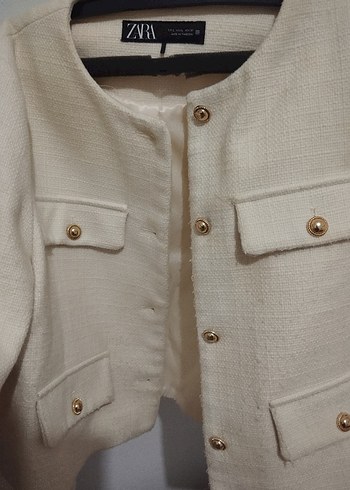 Zara Düğmeli Beyaz Mini Kadın Ceket - Görsel 4