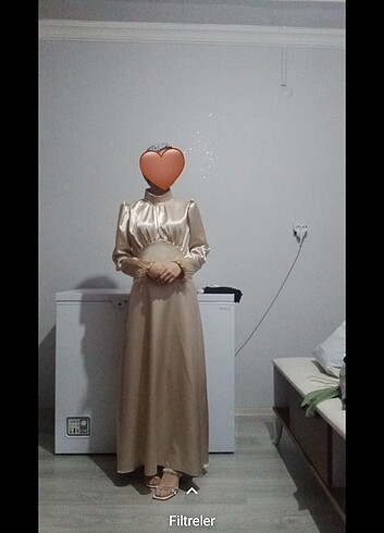 Saten elbise bej rengi - Görsel 5