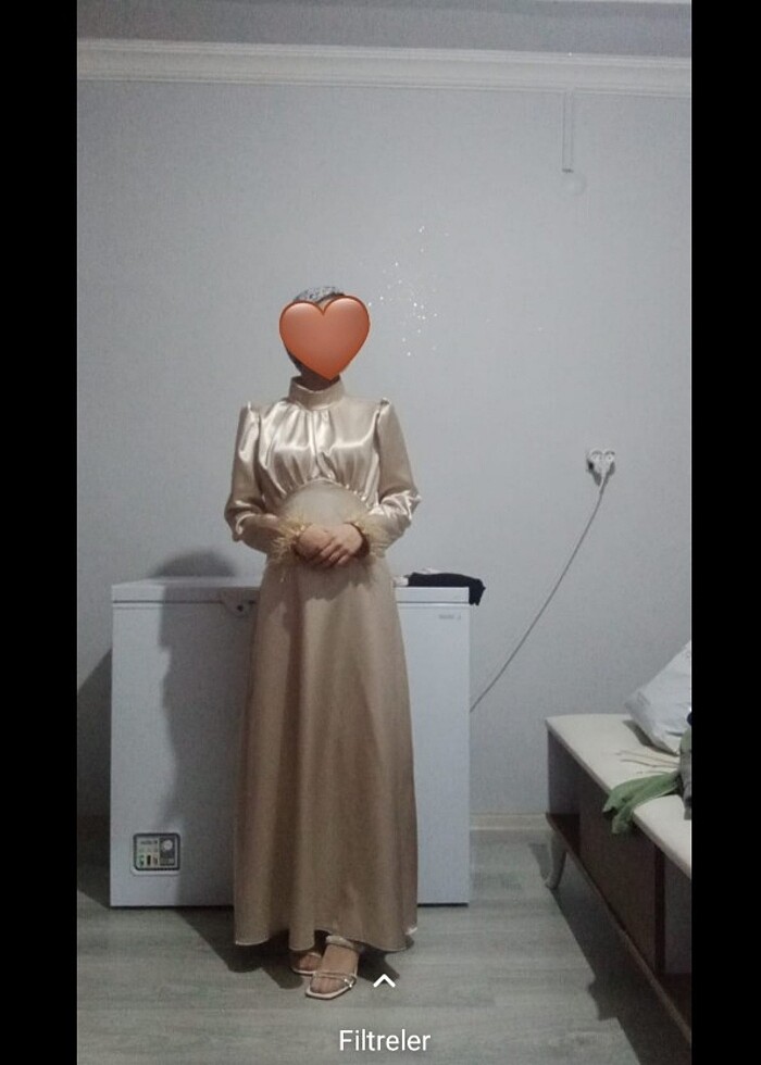 Saten elbise bej rengi - Görsel 5
