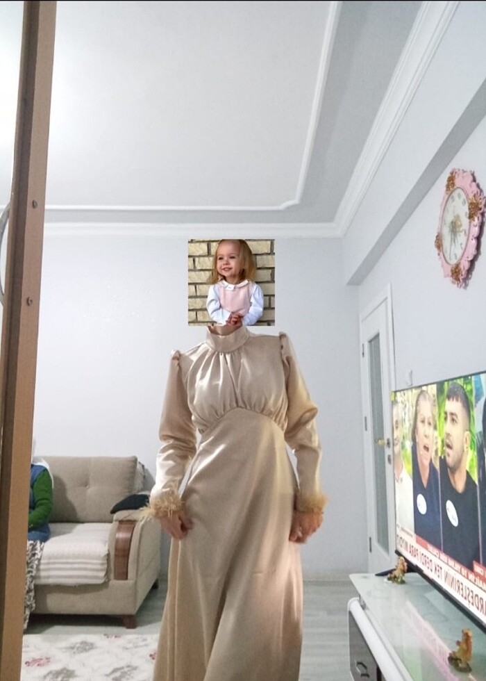 Saten elbise bej rengi - Görsel 4