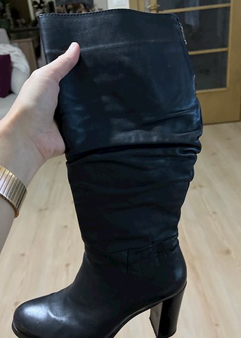 Kadın Siyah Deri Dizüstü Topuklu Çizme - Görsel 5