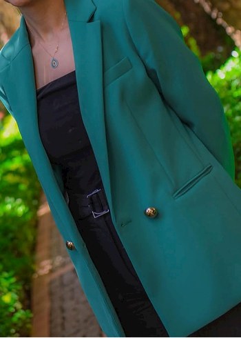 Mango Yeşil Düğmeli Midi Kadın Blazer Ceket - Görsel 3