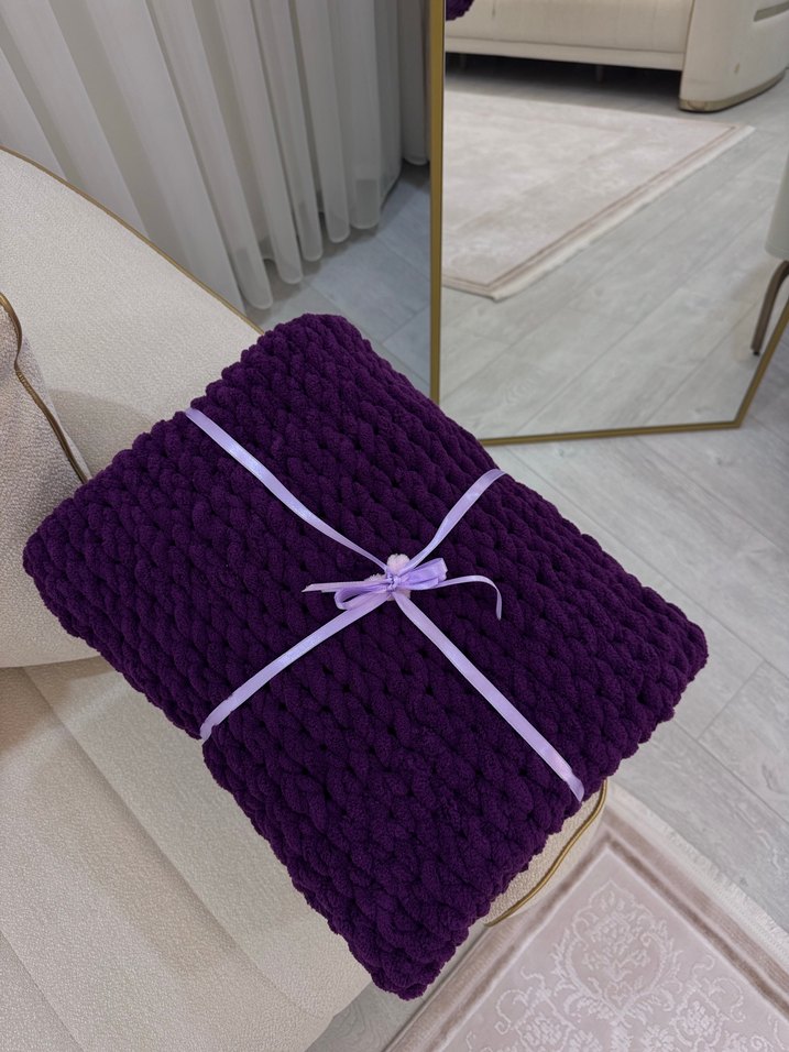 Koyu Mor Puffy Örgü Bebek Battaniyesi  - Görsel 2
