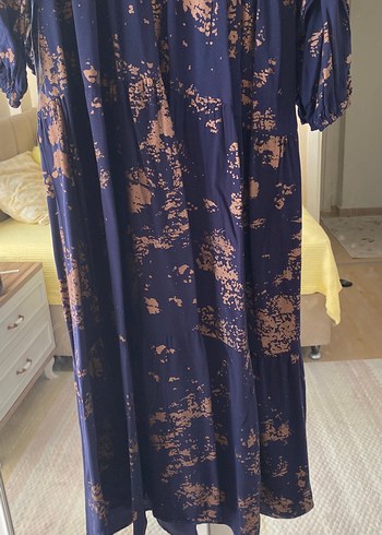 Diğer Düğmeli, Uzun Kollu Mavi Batik Desenli Elbise