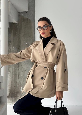 Zara Kemerli Lacivert Mini Trençkot Oversıze Standart Beden