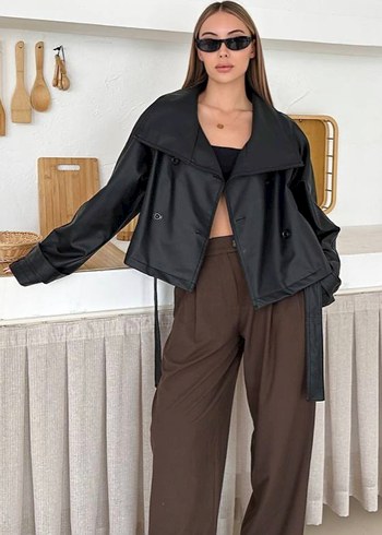 Zara Kahverengi Kemerli Kısa Deri Trençkot S Beden