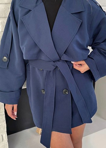 xs Beden Kadın Siyah Kemerli Mini Trençkot Standart Beden Oversıze