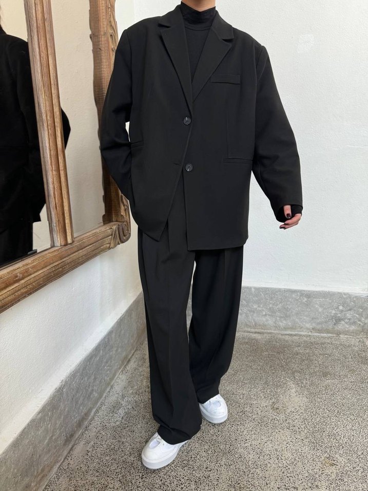 Siyah Kadın Oversıze Blazer Pamuklu Ceket M Beden - Görsel 4