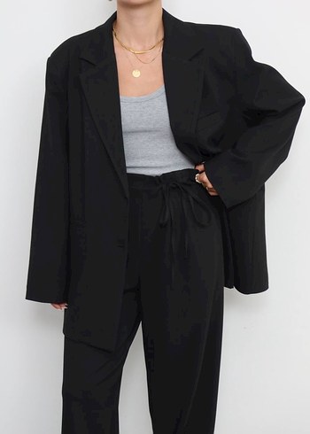 Siyah Kadın Oversıze Pamuklu Blazer Ceket M Beden - Görsel 2