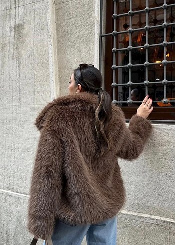 s Beden İthal zara S beden geniş yakalı çıtçıtlı kahverengi kürk