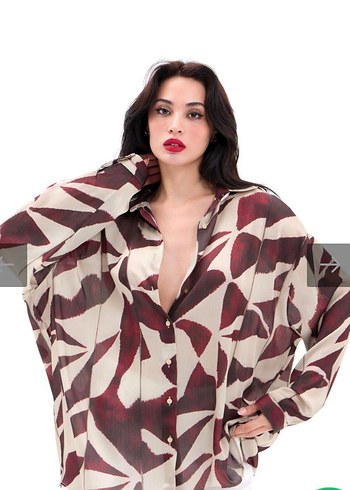 VİNTAGE DESENLİ SATEN OVERSIZE GÖMLEK M BEDEN