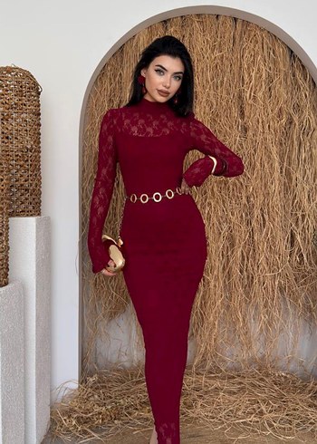 s Beden Bordo Dantel Detaylı Uzun Elbise S Beden