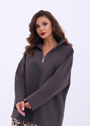 s Beden gri Renk Gri Yarım Fermuarlı Kadın Sweatshirt S-M Beden
