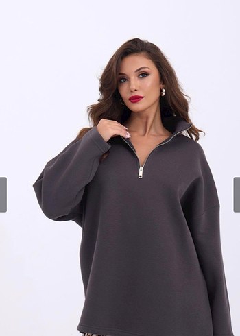 Gri Yarım Fermuarlı Kadın Sweatshirt S-M Beden