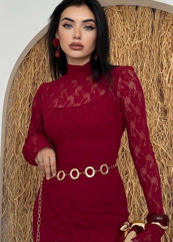 Bordo Dantel Detaylı Midi Elbise M Beden