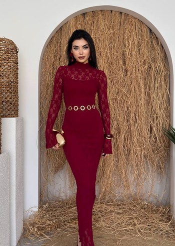 Alfabeta Bordo Dantel Detaylı Midi Elbise M Beden