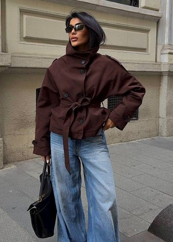 Bershka Kahverengi Deri Kemerli Midi Trençkot Düğmeli Kuşaklı S Beden