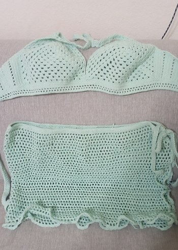 Turkuaz Dantel Mini Bikini Takımı el örgüsü - Görsel 6