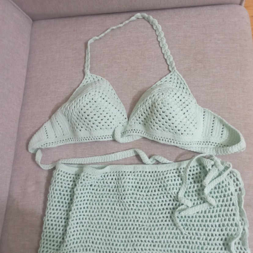 Turkuaz Dantel Mini Bikini Takımı el örgüsü - Görsel 5