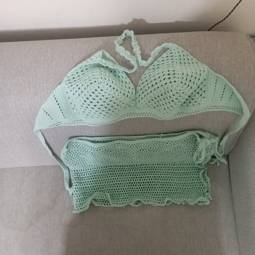 Turkuaz Dantel Mini Bikini Takımı el örgüsü - Görsel 4