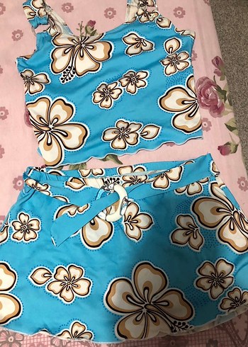 Mavi Çiçek Desenli Mini Bohem Mayo Takımı - Görsel 2