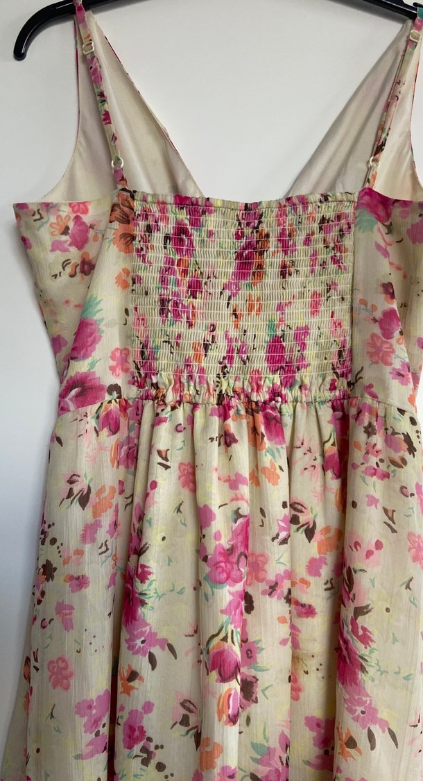 Pembe Çiçekli V Yaka  Midi Elbise - Görsel 5