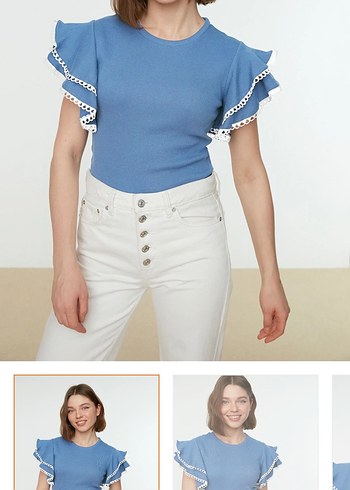İndigo fırfır detaylı örme bluz