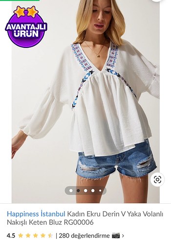 Nakışlı V Yaka Beyaz Bohem Kadın Bluz - Görsel 2