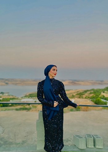 Uzun Kollu Drapeli Lacivert Abiye Elbise - Görsel 2