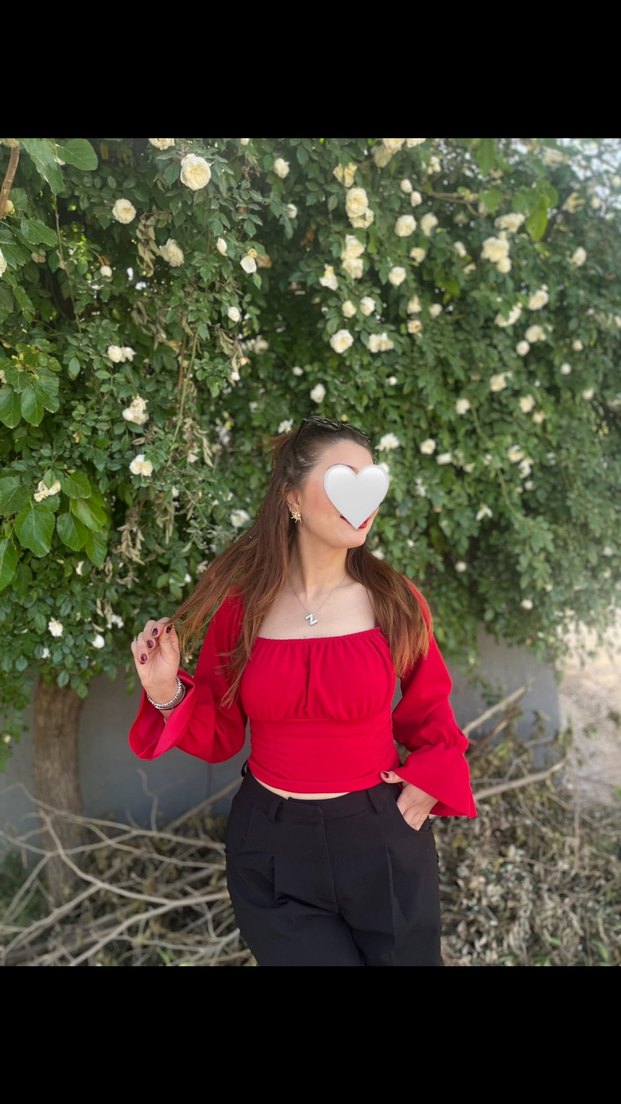 Kırmızı Balon Kol Straplez Crop Top - Görsel 2