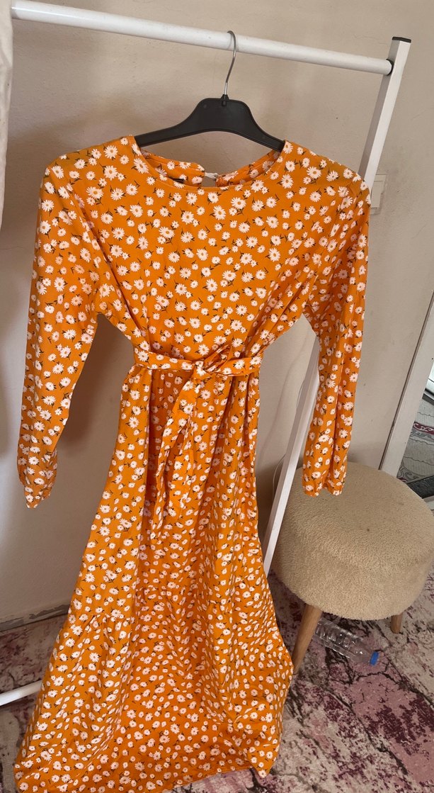 Sarı Uzun Kollu Bohem Elbise - Görsel 3