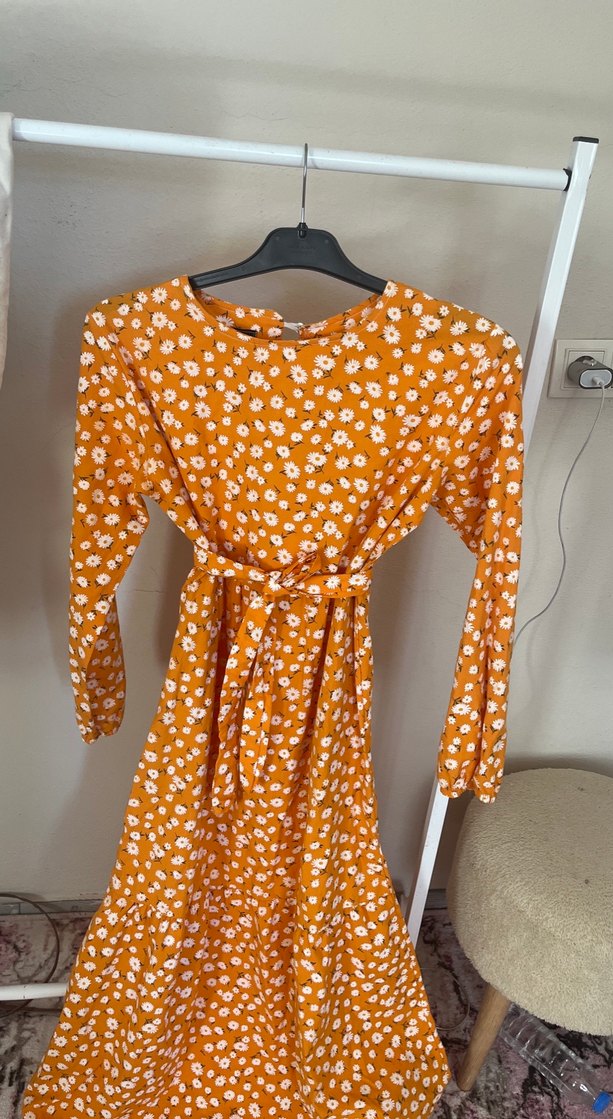 Sarı Uzun Kollu Bohem Elbise - Görsel 2